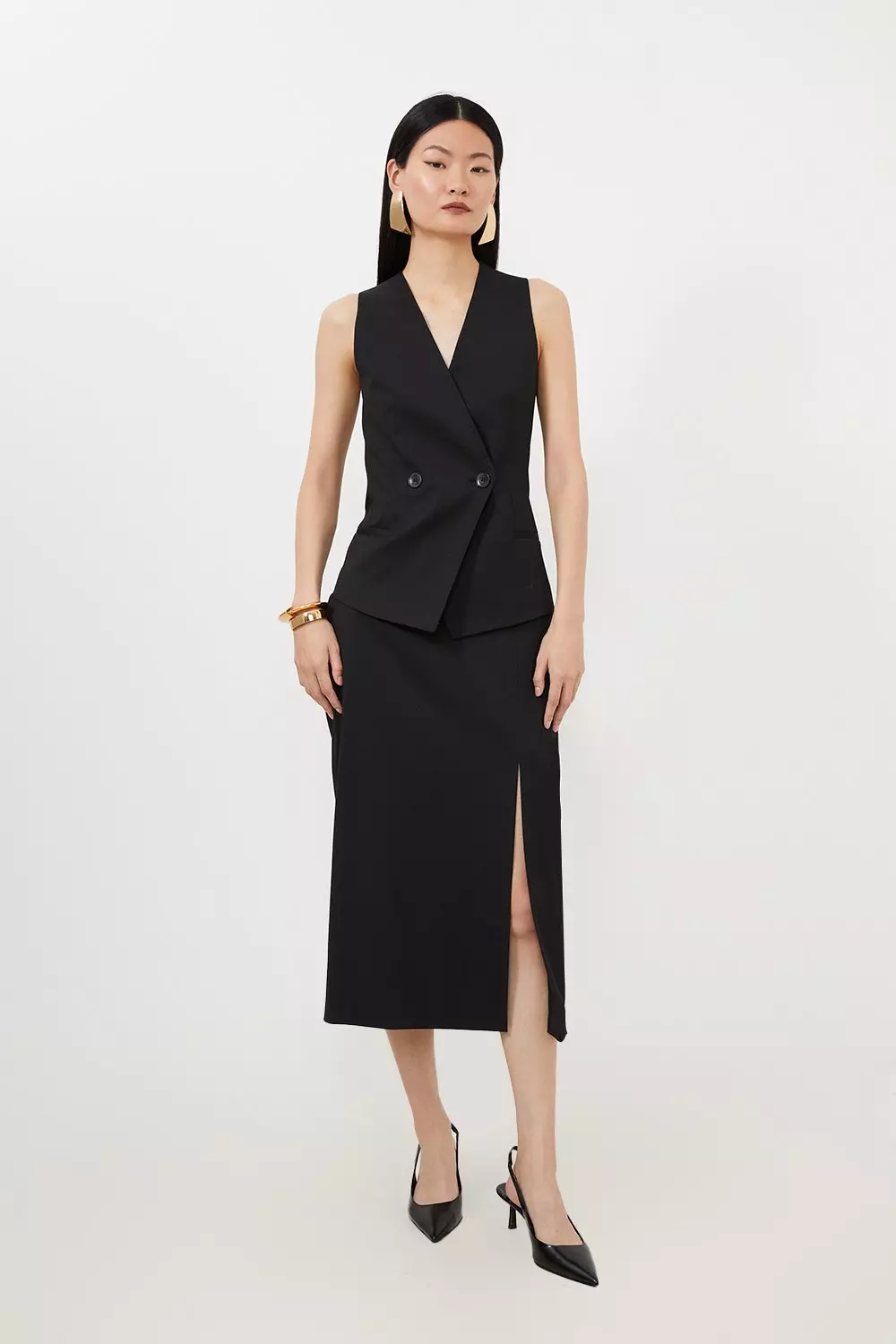 Tailored Premium Twill Slit Detail Midi Skirt | Karen Millen