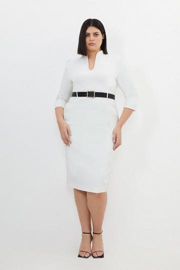 Plus Size Tailored Structured Crepe High Neck Belted Dress ivory