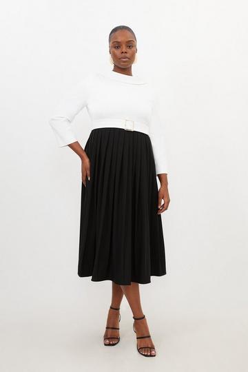 Plus Size Tailored Structured Crepe Roll Neck Pleated Dress mono