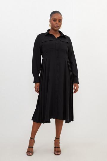Black Plus Size Soft Tailored Pleated Pocket Detail Shirt Dress