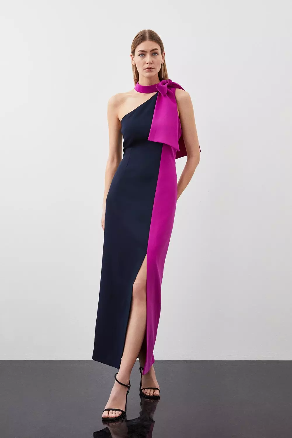 Petite Soft Tailored Colour Block Tie Neck Midi Dress Karen Millen