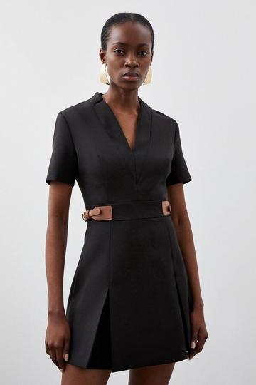 Black Petite Compact Stretch Tab Detail Pleated Mini Dress