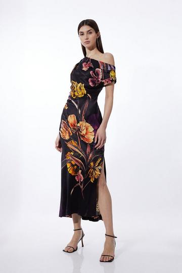 Black Midnight Floral Print Satin Back Crepe Woven Maxi Dress