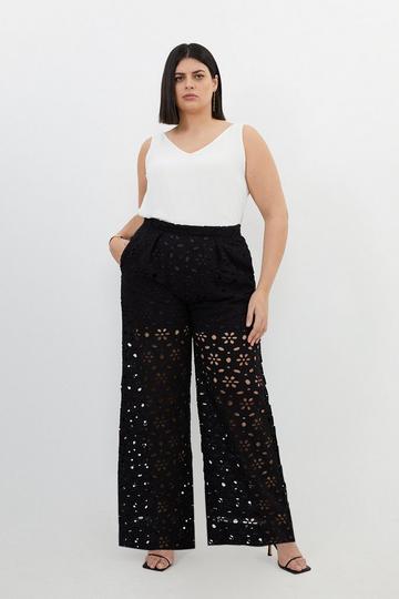Plus Size Broderie Woven Trouser black