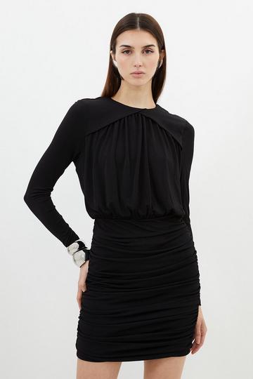 Black Ruched Jersey Crepe Mini Dress
