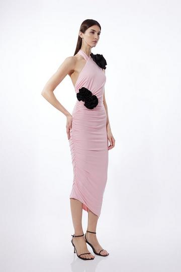 Pink Petite Contrast Jersey Rosette Maxi Dress