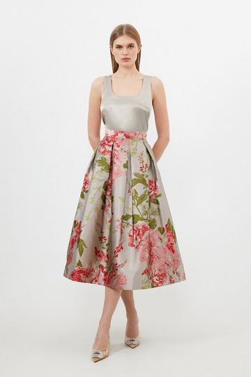 Multi Vintage Floral Print Woven Prom Midi Skirt