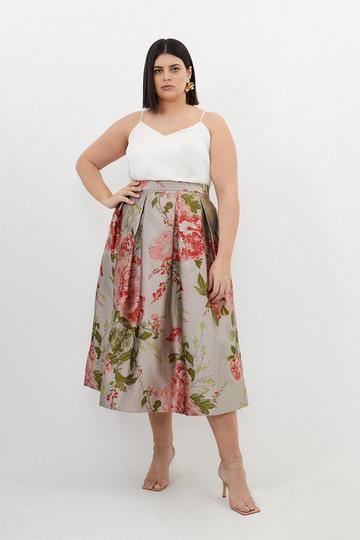 Plus Size Vintage Floral Print Woven Prom Midi Skirt floral