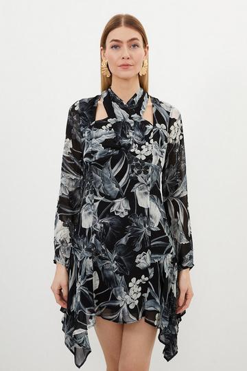 Mono Floral Viscose Georgette Woven Mini Dress black