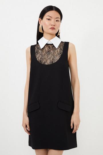 Black Collared Lace Jersey Mini Dress