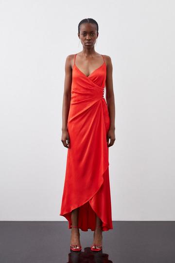 Red Premium Ruched Satin Slip Woven Maxi Dress