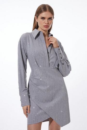 Grey Embellished Wrap Woven Mini Shirt Dress