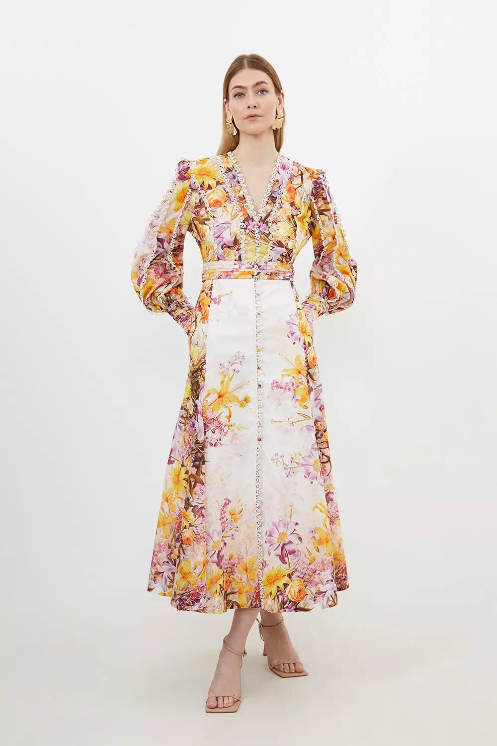 Floral Print Plunge Long Sleeve Maxi Dress