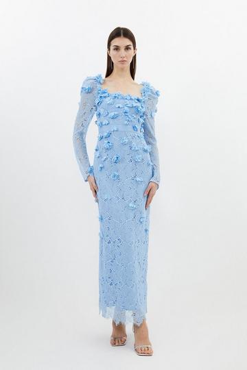 Blue Tall Lace Petal Applique Woven Midi Dress