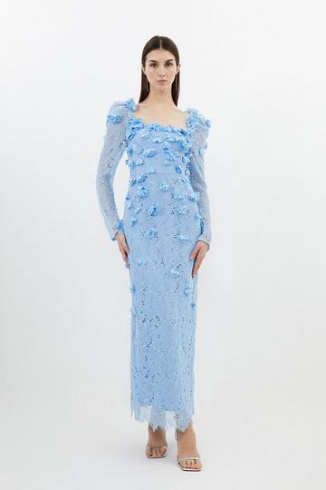 Lace Petal Applique Woven Midi Dress blue