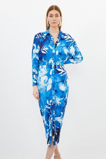 Blue Pressed Floral Print Jersey Crepe Maxi Shirt Dress