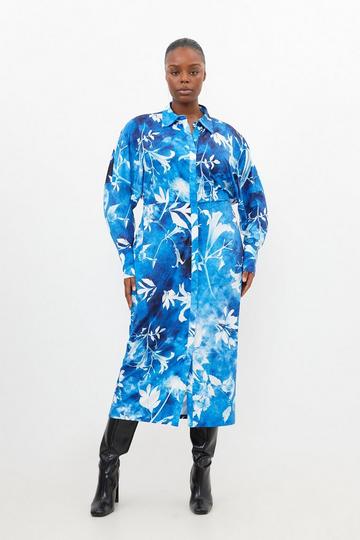 Plus Size Pressed Floral Jersey Crepe Maxi Shirt Dress blue