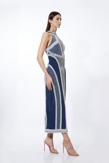 Blue Embellished Pearl Denim Woven Maxi Dress