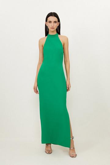 Green Petite Fluid Tailored Halterneck Open Back Maxi Dress