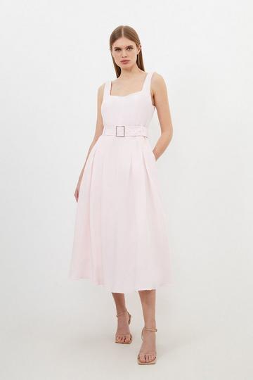 Petite Premium Tailored Linen Square Neck Belted Midi Dress blush