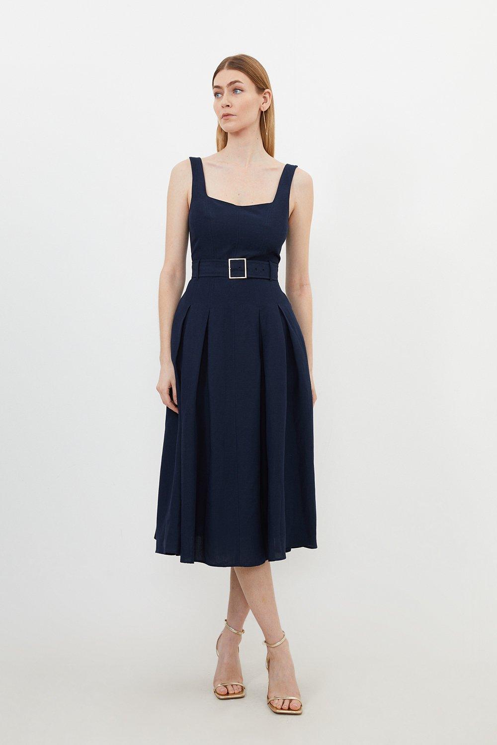 Premium Tailored Linen Square Neck Belted Midi Dress - Navy