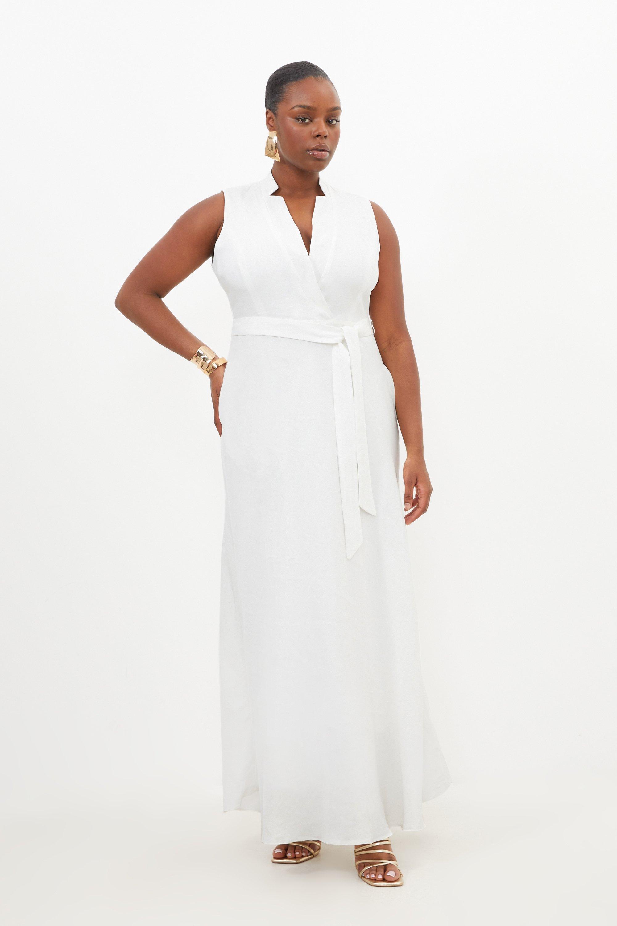 Plus Size Premium Tailored Linen Notch Neck Belted Dress | Karen 