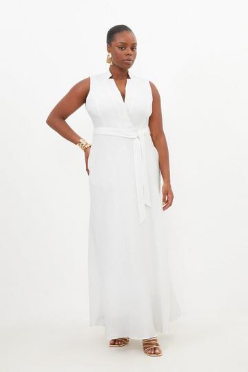 Plus Size Premium Tailored Linen Notch Neck Belted Dress ivory