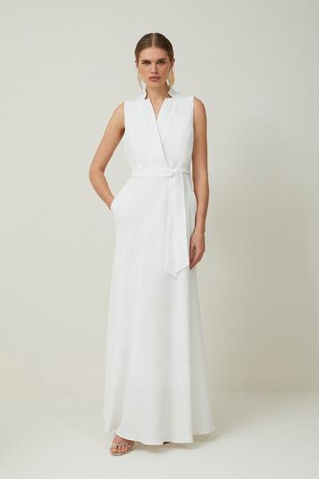 Petite Premium Tailored Linen Notch Neck Belted Midaxi Dress ivory