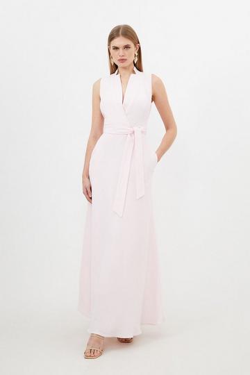 Premium Tailored Linen Notch Neck Belted Midaxi Dress blush
