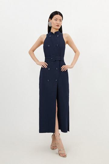 Navy Petite Premium Tailored Linen Double Breasted Belted Dress