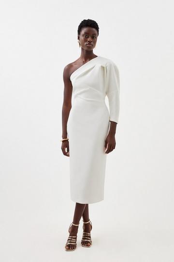 Tailored Compact Stretch One Shoulder Midi Dress ivory