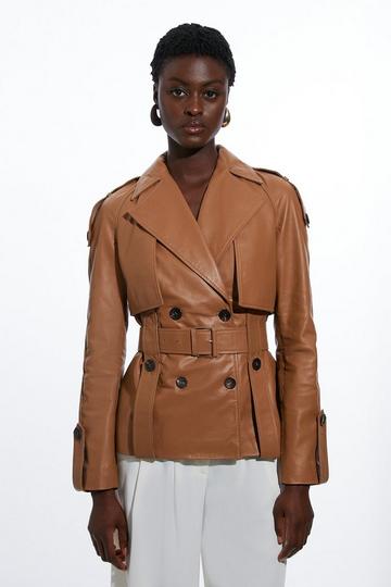 Leather Short Belted Trench Coat camel