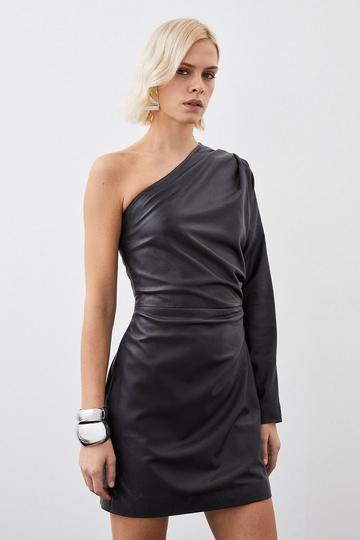 Black Leather One Shoulder Mini Dress