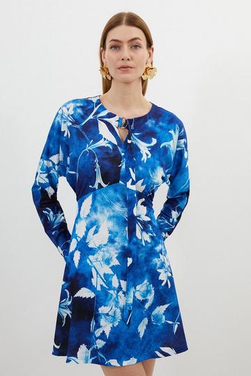 Blue Pressed Floral Print Jersey Crepe Batwing Sleeve Mini Dress