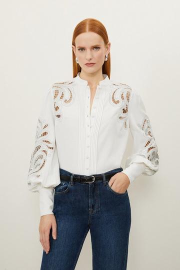 White Cutwork Twill Button Through Woven Shirt
