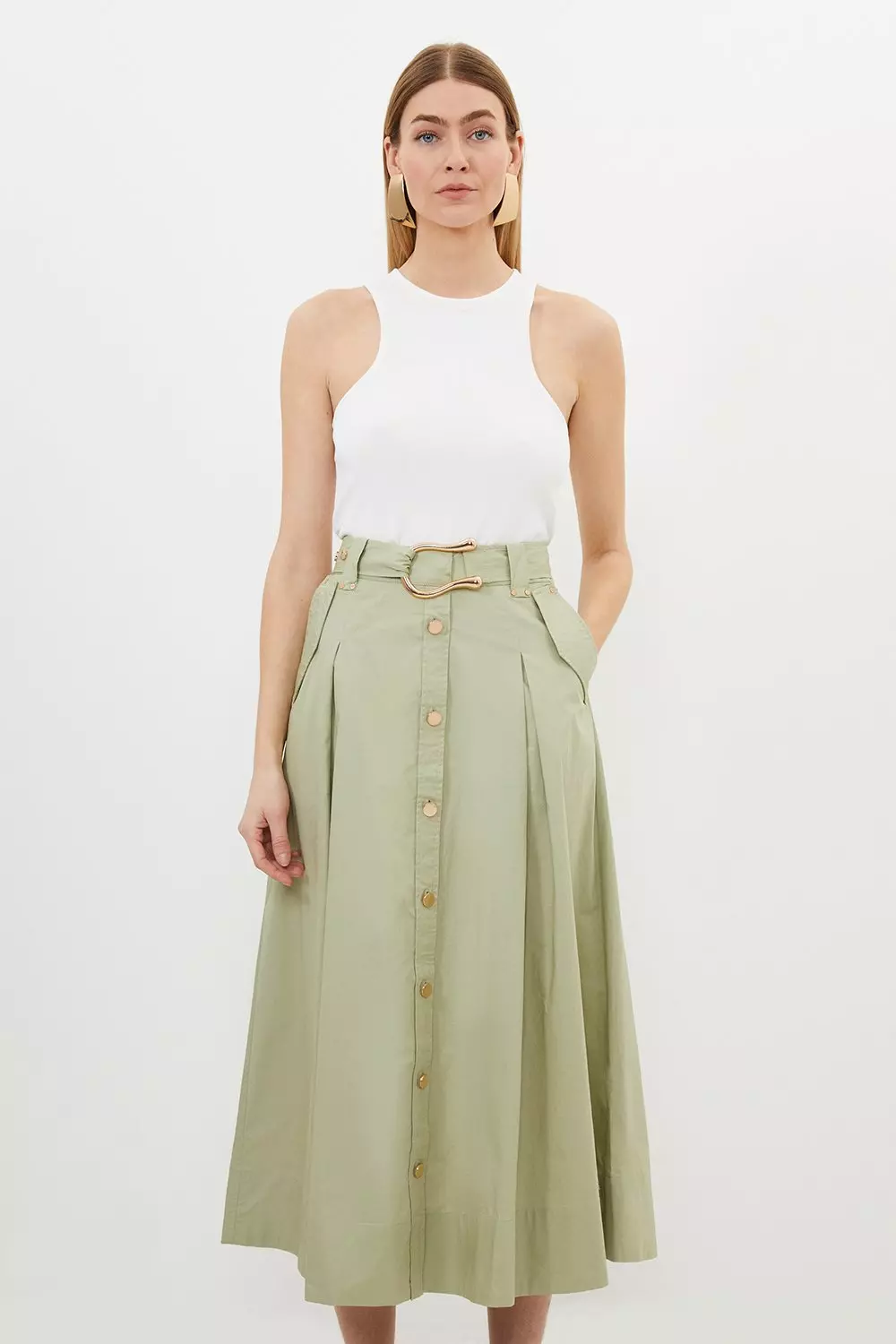 Cotton Sateen Midi Belted Skirt | Karen Millen