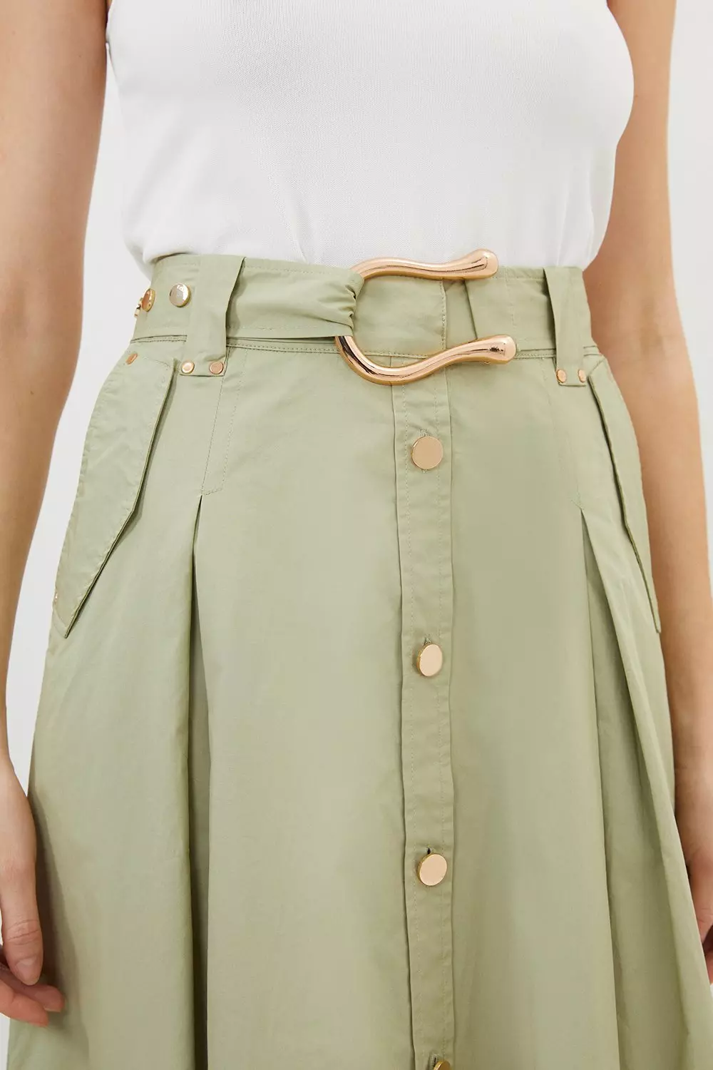 Cotton Sateen Midi Belted Skirt | Karen Millen