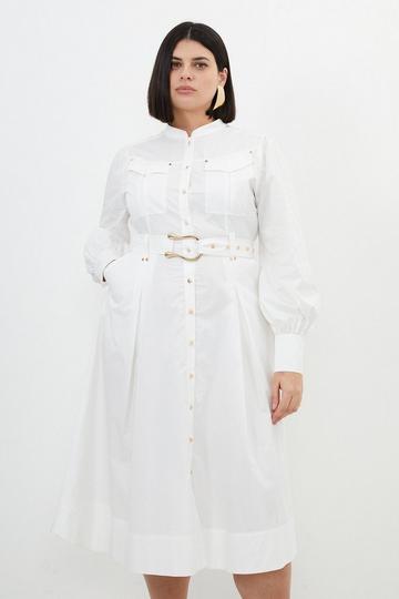 White Plus Size Cotton Sateen Button Detail Woven Maxi Shirt Dress