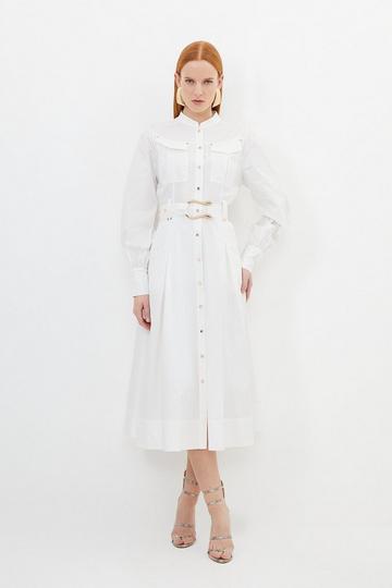 White Cotton Sateen Button Detail Woven Maxi Shirt Dress