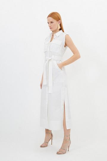 White Petite Cotton Sateen Pocket Detail Woven Maxi Shirt Dress