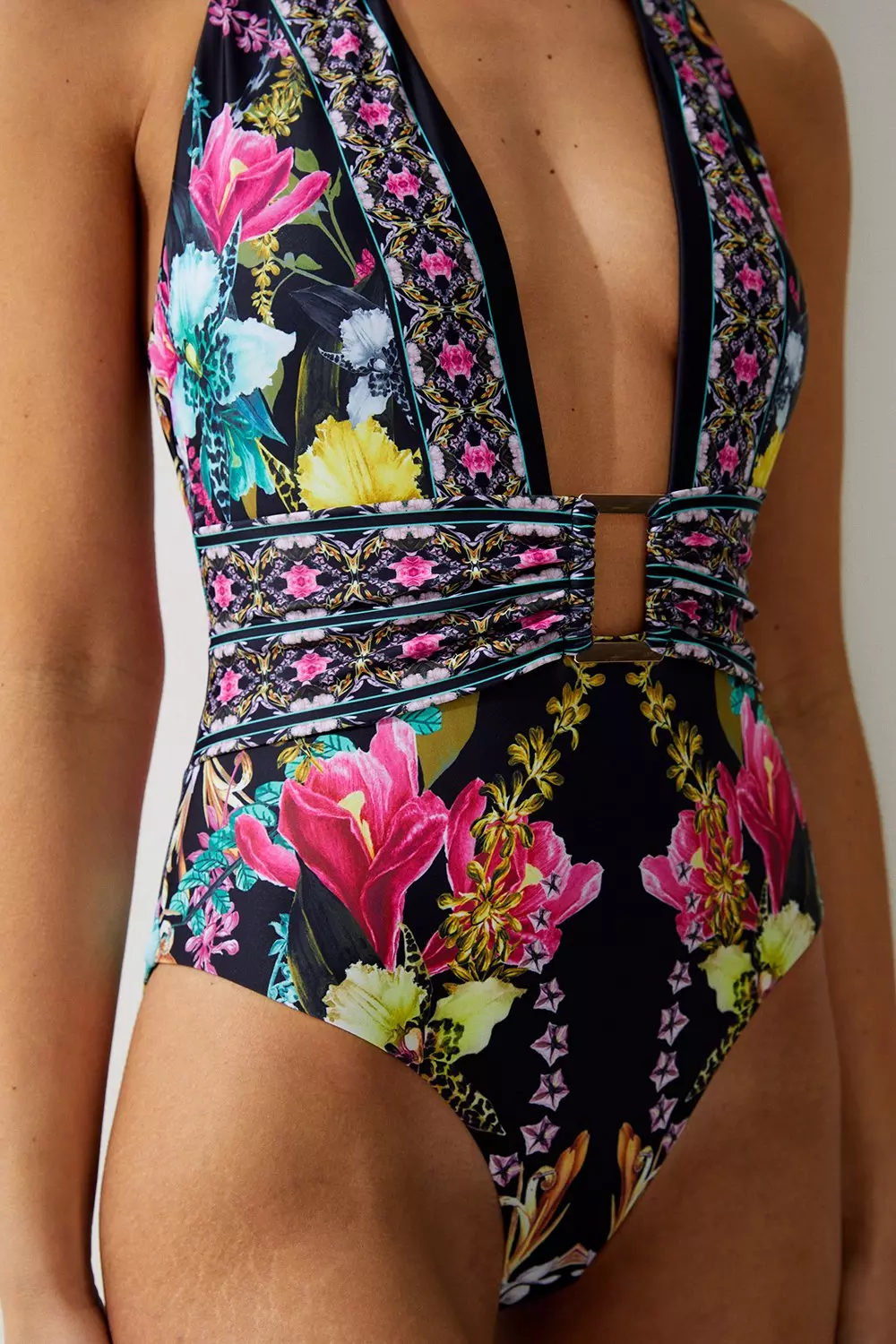 Mirror Floral Wrap Front Belted Swimsuit