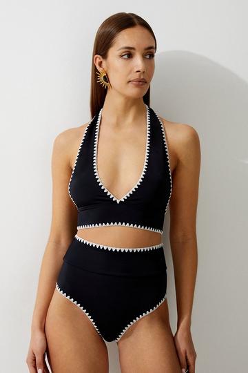 Black Stitch Detail Plunge Bikini Top