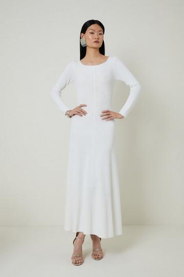 Cream White Premium Wool Blend Fashioned Rib Knit Square Neck Midi Dress