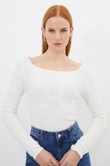Cream White Premium Wool Blend Fashioned Rib Knit Square Neck Knit Top