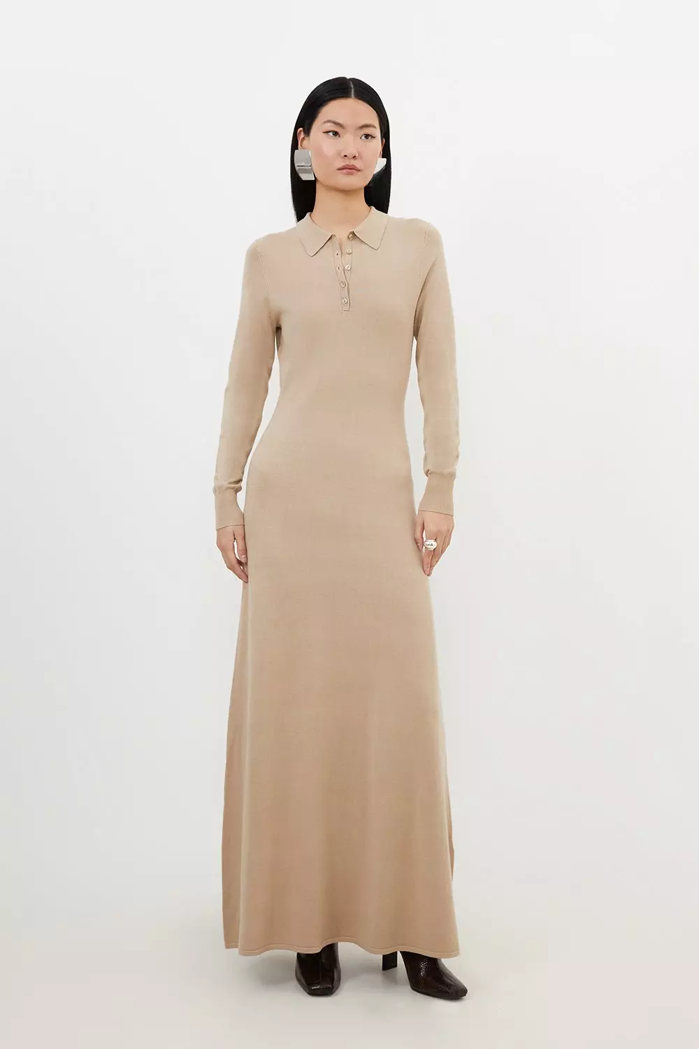 Petite Viscose Blend Polo Knit Collar Maxi Dress