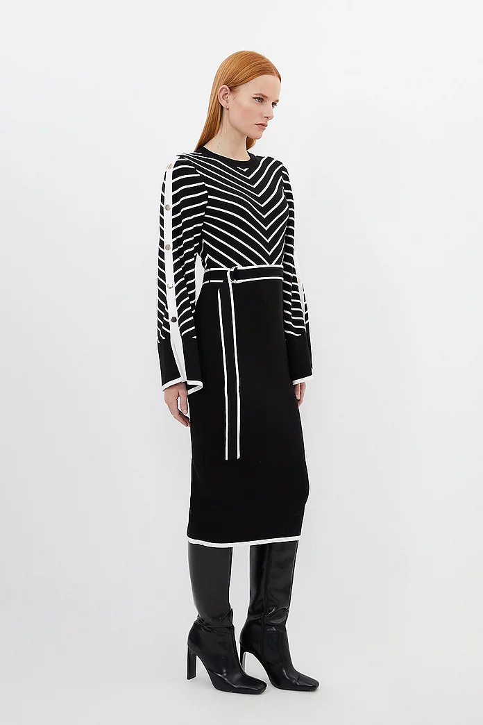Cotton Blend Striped Knit Midi Dress | Karen Millen