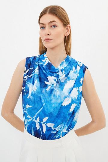 Blue Pressed Floral Print Draped Jersey Crepe Bodysuit