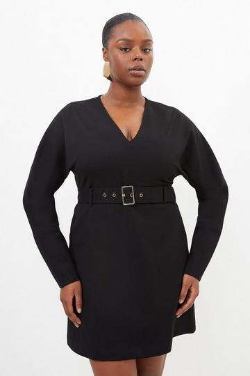 Black Plus Size V Neck Belted Ponte Jersey Mini Dress