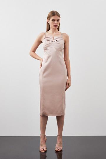Tailored Italian Structured Satin Tuck Detail Pencil Dress blush