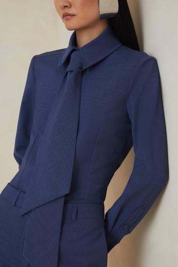 Blue The Founder Tailored Wool Blend Tie Detail Shirt